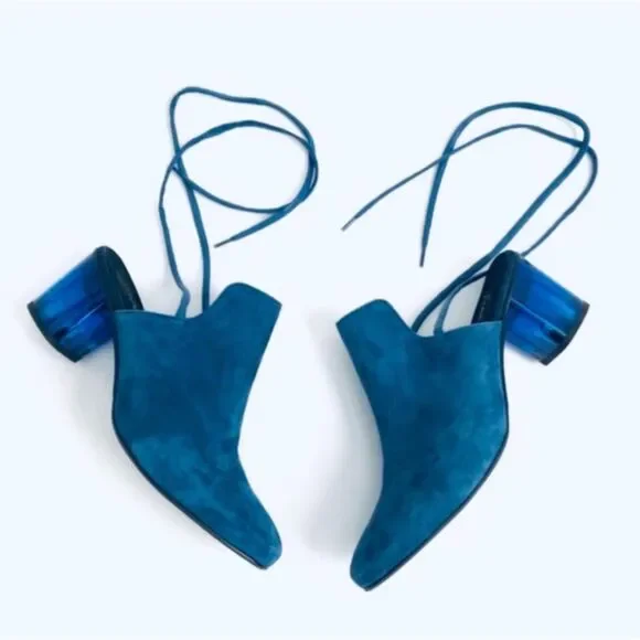 NIB Free People Lucite Block Heel Wrap Suede Heel Mules Blue Women's Size 7.5 - Picture 1 of 13